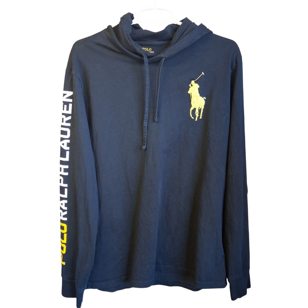 Polo Ralph Lauren Navy Big Pony LS‎ Hooded Tshirt Sleeve Hit Large EUC